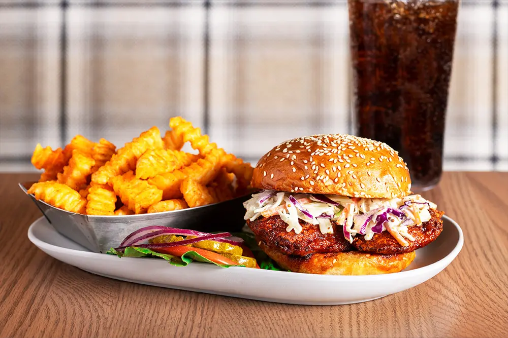 chicken sandwich, fries, and a drink