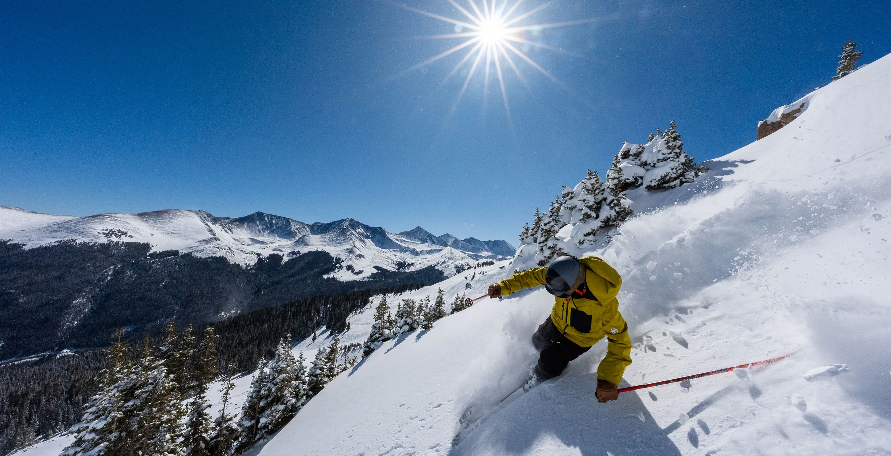 skiing fresh powder in spaulding bowl on a bluebird day, sun flair