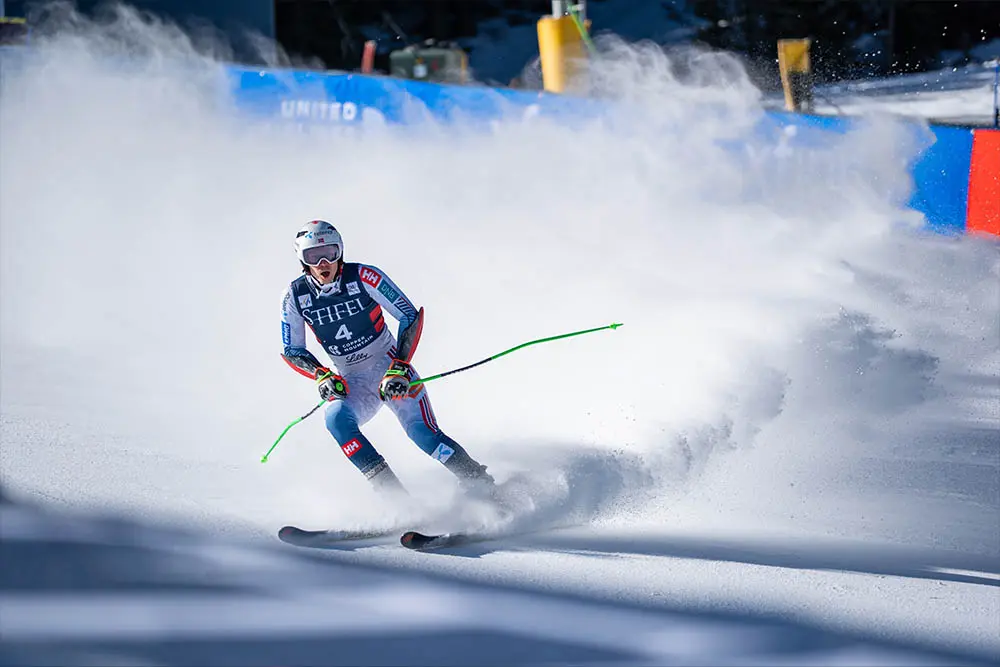mens gs ski racer in the finish area at stifel copper cup